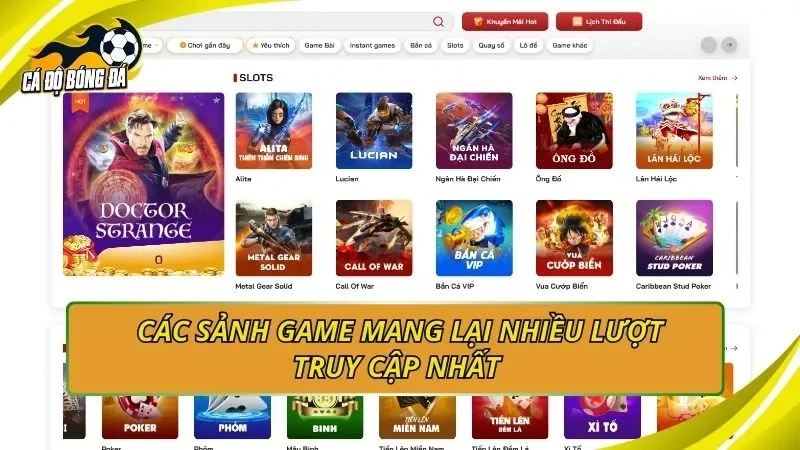 Các sảnh game mang lại nhiều lượt truy cập nhất